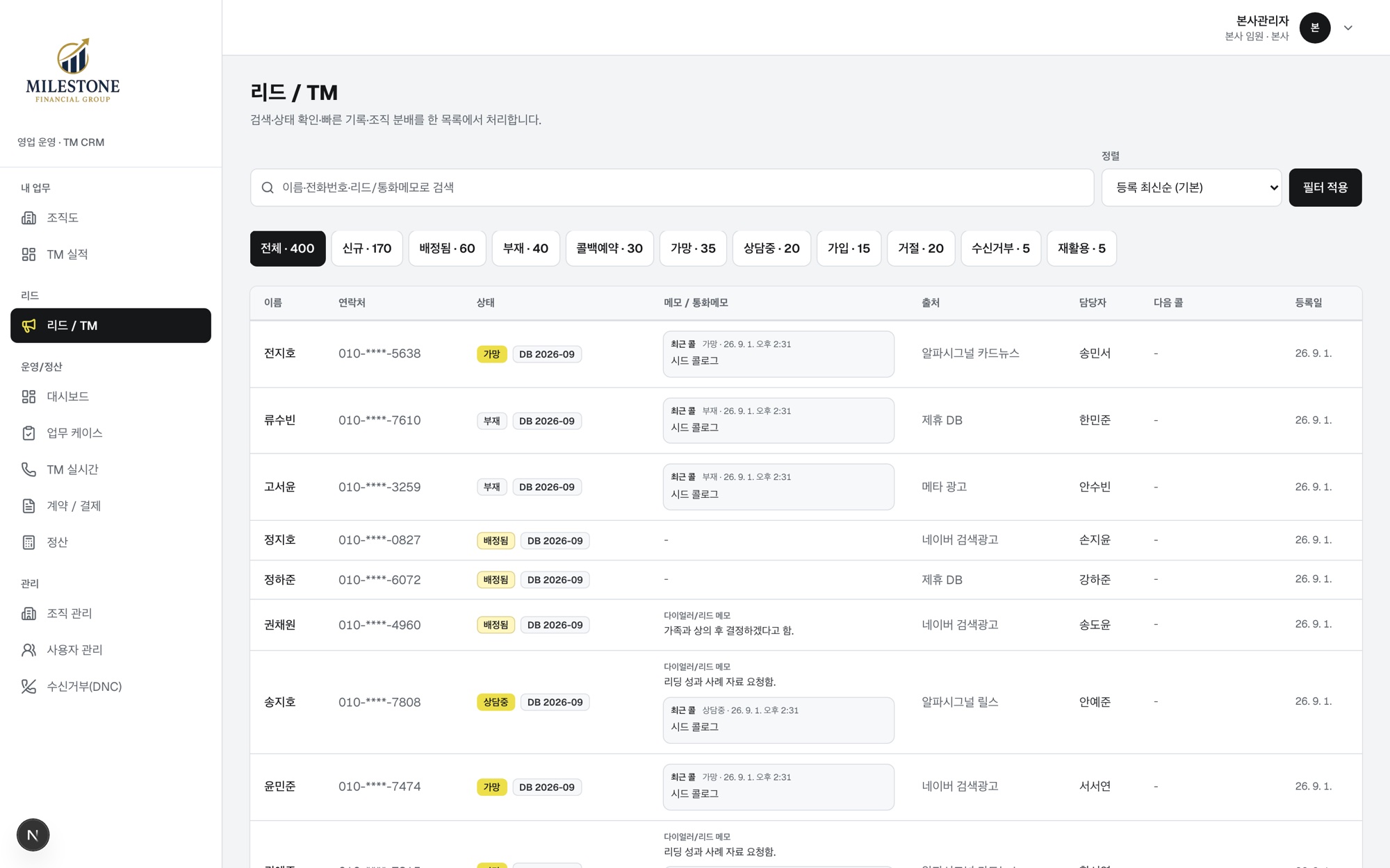 마일스톤 CRM 리드 목록. 마스킹된 연락처와 통화 메모